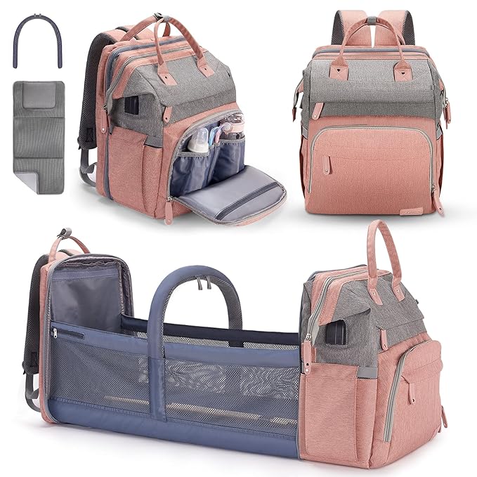 DERJUNSTAR Baby Diaper Bag Backpack with ChangingStation-Large Capacity Baby Bag for Boys & Girls, USBCharging Port, Pacifier Case, sunshade & Toy Bar,Waterproof, Baby Pink