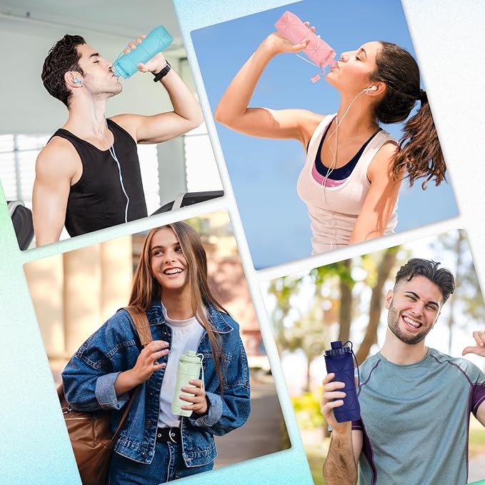YCT Collapsible Silicone Travel Water Bottle 20oz (600ml), Reuseable Leakproof BPA Free Foldable Sports Bottle, with Carrying Strap, Pink + Green