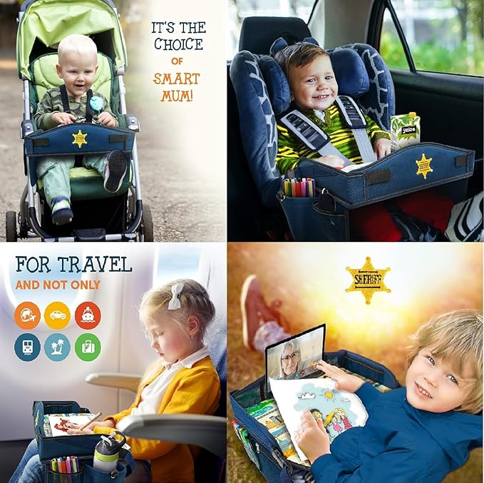 Coolmum Kids Travel Tray, Toddler Car Seat Tray, Double Sided Activity Organizer, Snack Lap Table, Baby Stroller Tray, Airplane Play Table, Waterproof and Foldable (Premium Blue)