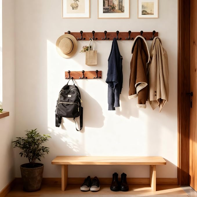 SKOLOO 17-Inch Wood Coat Rack Wall Mount with 3 Triple Hooks - Ideal for Family Entrances, Classrooms, and Pet Supplies Storage - Perfect Coat Hooks for Wall,Mahogany (Sapele)