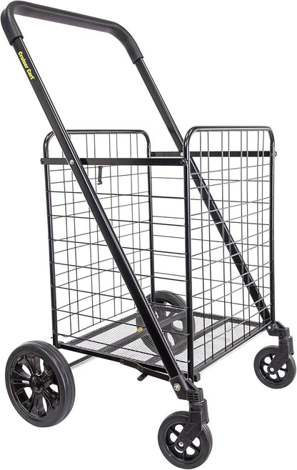 dbest products Cruiser Cart Deluxe 2 Shopping Grocery Rolling Folding Laundry Basket on Wheels Foldable Utility Trolley Compact Lightweight Collapsible, Black