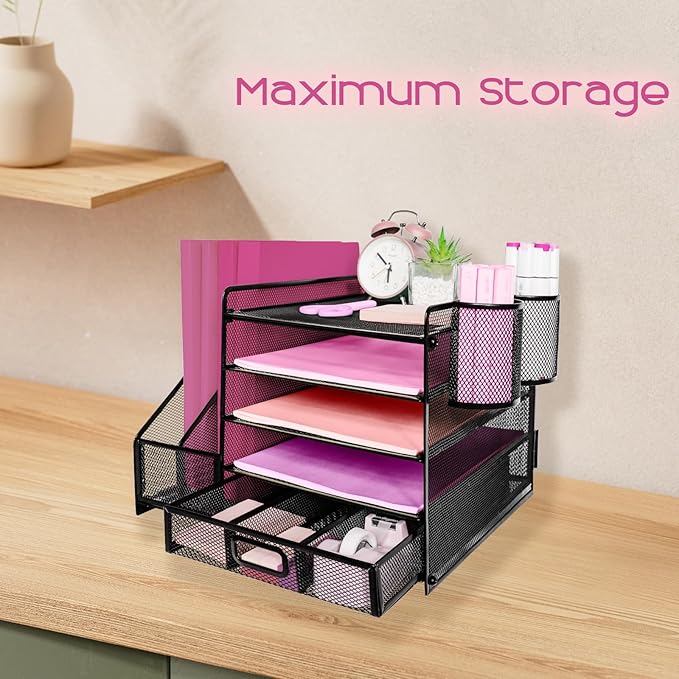 Desk Organizers and Accessories with File Holder, 5-Tier Paper Letter Tray Organiser with Drawer and 2 Pen Holder, Mesh Desktop Document Organizer for Office Supplies, Workspace - Black