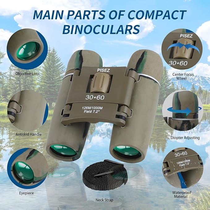 PISEZ 30X60 Compact Binoculars for Adults and Kids，Lightweight Foldable Easy Focus Small Binoculars for Bird Watching Hunting Concert Traveling Theater Opera Sightseeing