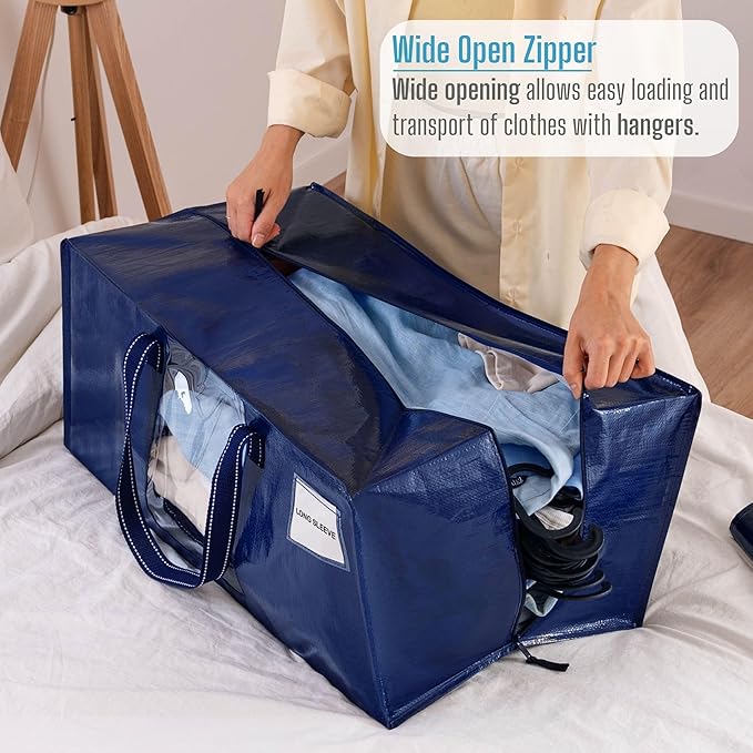 VENO 6 Pack Moving Bags Extra Large Storage Bags for College Move-In, Heavy-Duty Storage Totes, Packing Boxes, and Wardrobe Moving Supplies - Durable Laundry Bags for Clothes (Blue w/Window, 6 Pack)