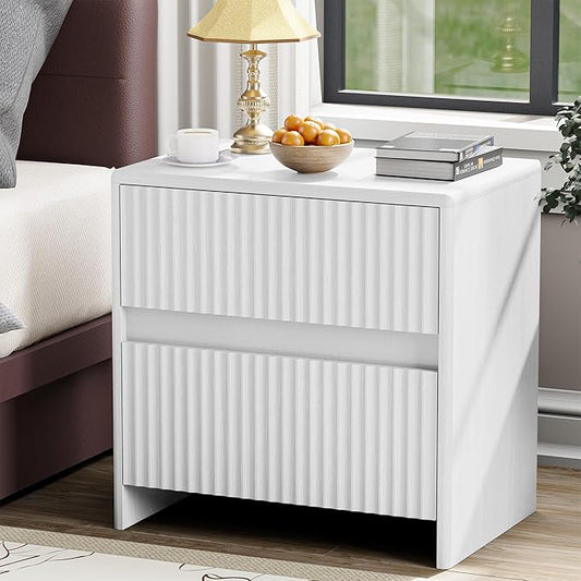 Fluted Nightstand, 23" Wood Bedside Table with 2 Storage Drawers, Modern Night Stand for Bedroom, Office, White