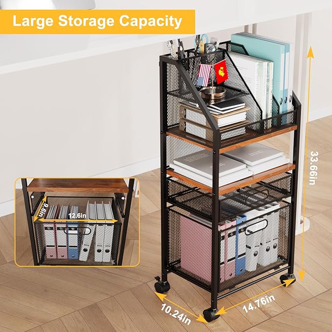 Rolling File Cart with 2 Storage Drawers Multipurpose Book Letter Organizer Carts with Lockable Wheels Wood&Mesh Rolling File Organizer Space-Saving Cart for Office Supplies