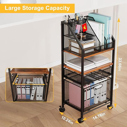 Rolling File Cart with 2 Storage Drawers Multipurpose Book Letter Organizer Carts with Lockable Wheels Wood&Mesh Rolling File Organizer Space-Saving Cart for Office Supplies