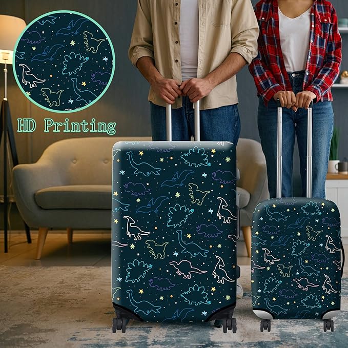 Luggage Cover Suitcase Protector Plus 1 Luggage Tag, Dinosaurs Space Travel Suitcase Cover Suitable for 26-28 inch Luggage (L) with Concealed Zipper Washable Elastic Cloth Dustproof Anti-Scratch