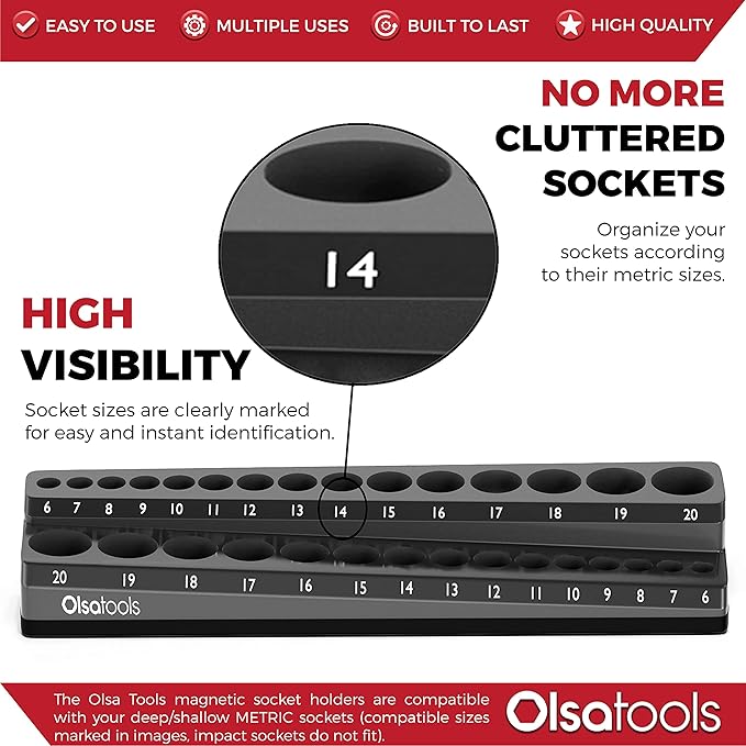 Olsa Tools Magnetic Socket Holder | 3/8-inch Drive | Metric | Black | Holds 30 Sockets | Professional Quality Tools Organizer