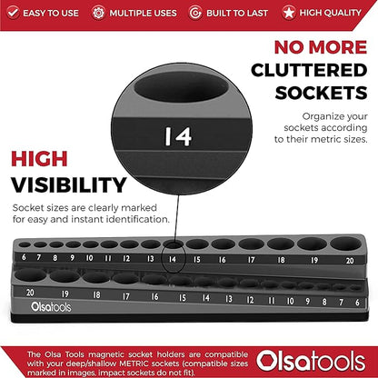 Olsa Tools Magnetic Socket Holder | 3/8-inch Drive | Metric | Black | Holds 30 Sockets | Professional Quality Tools Organizer