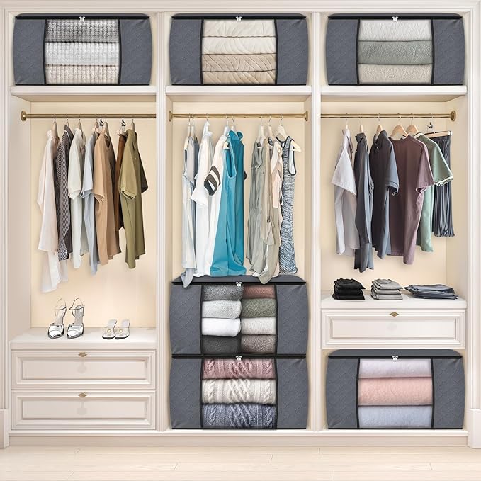 Fab totes 24 Gallons Clothes Storage, Foldable Thick Fabric Blanket Storage Bags, Containers for Organizing Bedroom, Closet, Clothing, Comforter, Organization with Handle (3 Pack,Grey)