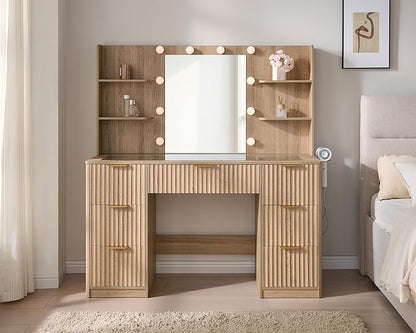 AMERLIFE 47.2" Fluted Vanity Desk with Mirror and Adjustable LED Lights, Large 7 Drawers Makeup Table with Glass Top and Charging Station for Women and Girls, Bedroom or Dorm, Natural Oak