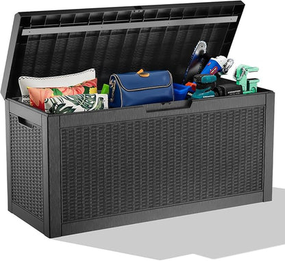 60 Gallon Deck Box,Resin Outdoor Storage Box with Lockable for Patio Furniture, Pool Accessories, Garden Tools, Waterproof Outside Storage Box, Black Pattern