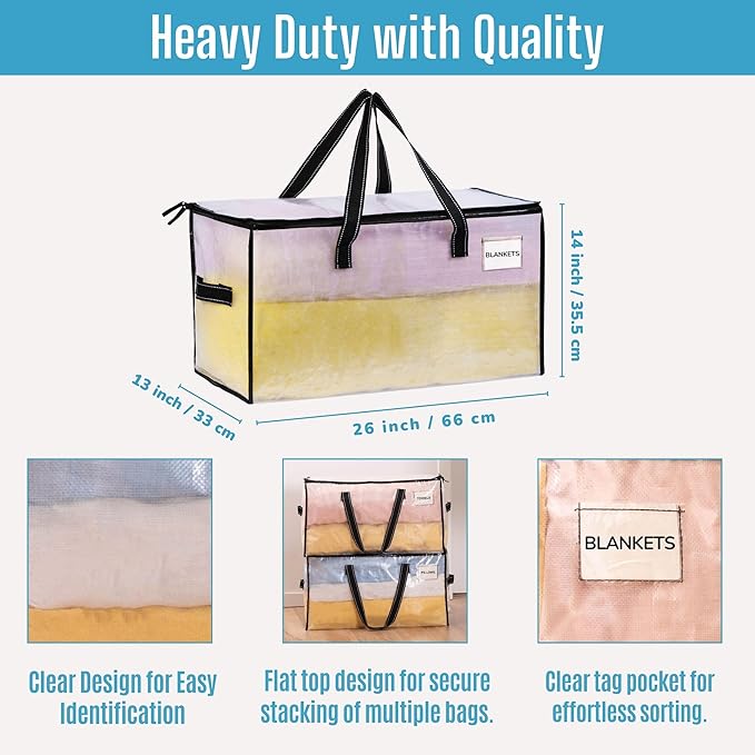 VENO 2 Pack Moving Bags, Comforter and Blanket Storage Bags for Closet, Moving Boxes, Boxes with Lids Alternative, College Dorm Packing Supplies, Foldable Heavy-Duty Tote with Window (Clear, 2 Pack)