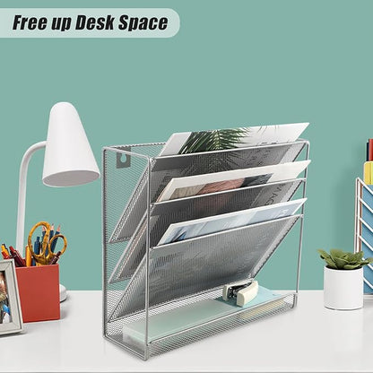 EASEPRES Desk File Organizer Mesh 4-Tier, Hanging Wall Mount Document Organization Stand, Desktop Vertical Mail Paper Folder Holder Rack with Bottom Tray for Office Home Cubicle Countertop, Silver