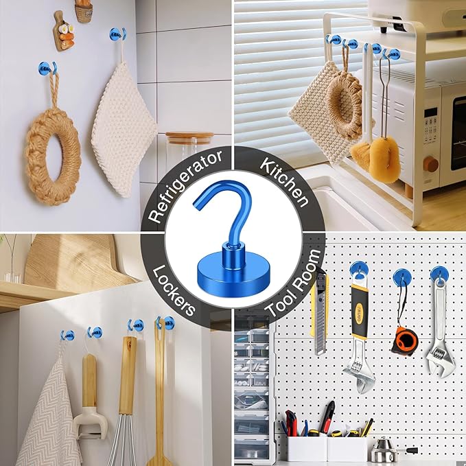 MIKEDE Magnetic Hooks Heavy Duty, 10 Lbs Magnet with Hooks for Cruise Cabins, Strong Magnets Neodymium for Hanging, Magnetic Wall Hooks for Refrigerator, Locker, Workplace(Blue, 10 Pack)