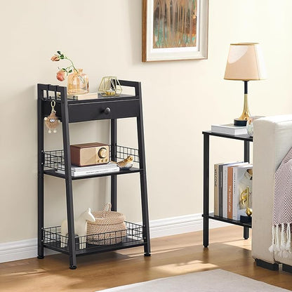 3-Tier Bathroom Ladder Shelf with Drawer, Freestanding Tower Shelf Ladder Bookshelf for Living Room, Bedroom -Black