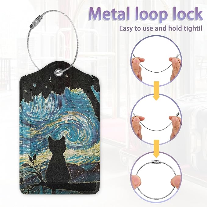 Luggage Tags,Black Cat Starry Night Cute Suitcase Tag with Privacy Flap & Name ID Label & Metal Loop,Luggage Tags for Women Men Baggage Handbag School Bag Backpack