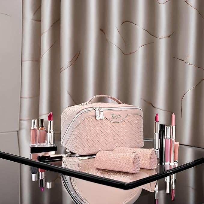 BOYATU Travel Makeup Bags for Women: Large Cosmetic Bag Waterproof - Vegan Leather Make up Bag Set of 3 - Compact Toiletry Organizer with Compartments & Handle & Divider (L02 Light Pink)