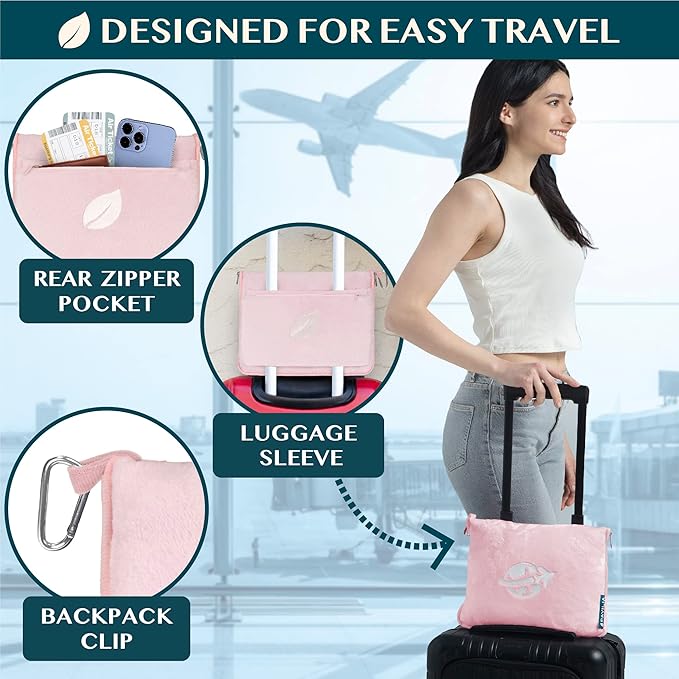 PAVILIA Travel Blanket and Pillow, Arms Opening Airplane Blankets for Adults, Compact Plane Blanket with Arm Hole 2-in-1 Bag for Flight Car Camping Fit in Luggage Backpack Traveler Gift, Pink