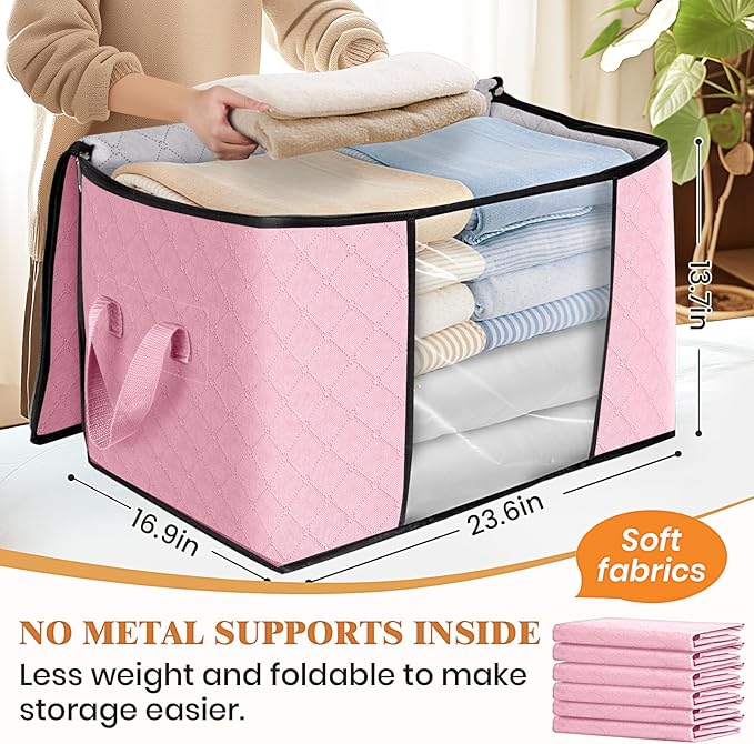 Fab totes 24 Gallons Clothes Storage, Foldable Thick Fabric Blanket Storage Bags, Containers for Organizing Bedroom, Closet, Clothing, Comforter, Organization with Handle (4 Pack,Pink)