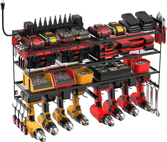 JUNNUJ Large Power Tool Organizer with 10 Outlet Power Strip, 4 Layer Wall Mount Drill Holder with Charging Station, 8 Drills Storage Shelf Shop Garage Utility Rack, Black