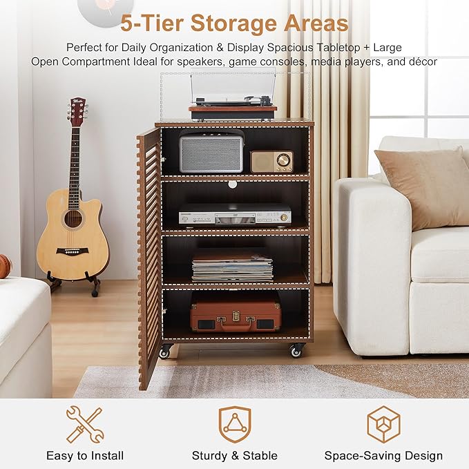 LEVNARY 5-Tier AV Media Cabinet with Grille Door & Adjustable Shelves, Modern Wooden Stereo Rack with Cable Management & Wheels, Audio Video Stand for Living Gaming Room Recording Studio (Walnut)