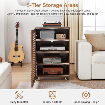 LEVNARY 5-Tier AV Media Cabinet with Grille Door & Adjustable Shelves, Modern Wooden Stereo Rack with Cable Management & Wheels, Audio Video Stand for Living Gaming Room Recording Studio (Walnut)