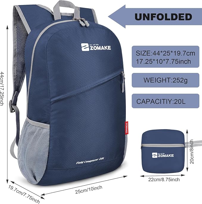ZOMAKE Lightweight Packable Backpack 20L, Foldable Backpacks Small Daypack for Hiking Water Resistant Day Bag for Travel