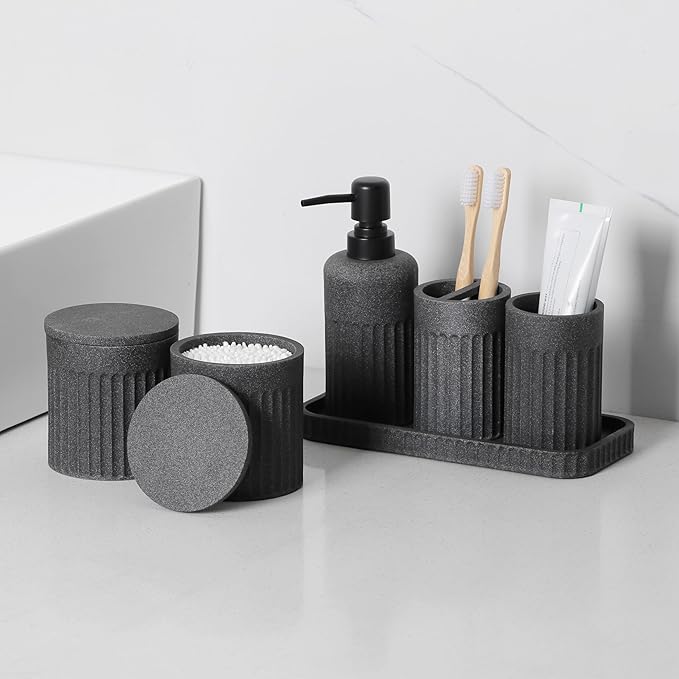 Bathroom Accessory Set - 6 Pieces Bathroom Accessories Set Complete with Soap Dispenser, Toothbrush Holders, Tumbler, Vanity Tray and 2 Qtip Holder for Home Organizer and Decor, Dark Grey