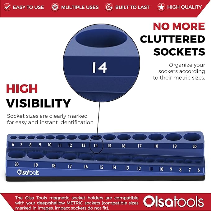 Olsa Tools Magnetic Socket Holder | 3/8-inch Drive | Metric | Blue | Holds 30 Sockets | Professional Quality Tools Organizer