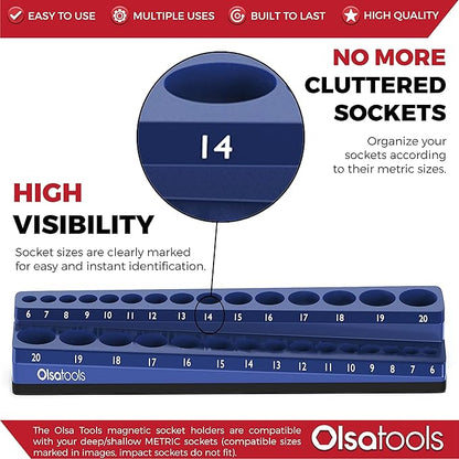 Olsa Tools Magnetic Socket Holder | 3/8-inch Drive | Metric | Blue | Holds 30 Sockets | Professional Quality Tools Organizer