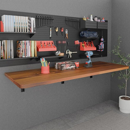 IAE Floating Wall Mounted Folding Table Desk with Pine Wood,60" x 22" Foldable Workbench,Fold Down Wall Mounted Foldable Desk with Shelf Brackets,Laundry Folding Table for Home,Dining,Kitchen,Teak