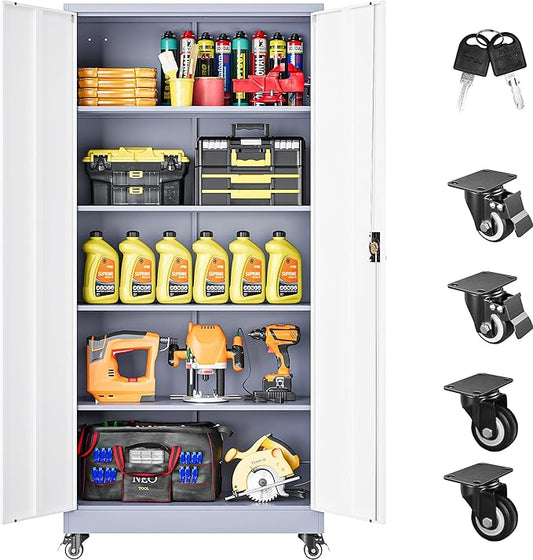 75" Tall Metal Storage Cabinet with Wheels,Rolling Garage Storage Cabinet with Lock,Gray White Metal Cabinets with Wheels and Shelves,Locking Tool Cabinets on Wheel for Garage,Home,Office,Shop