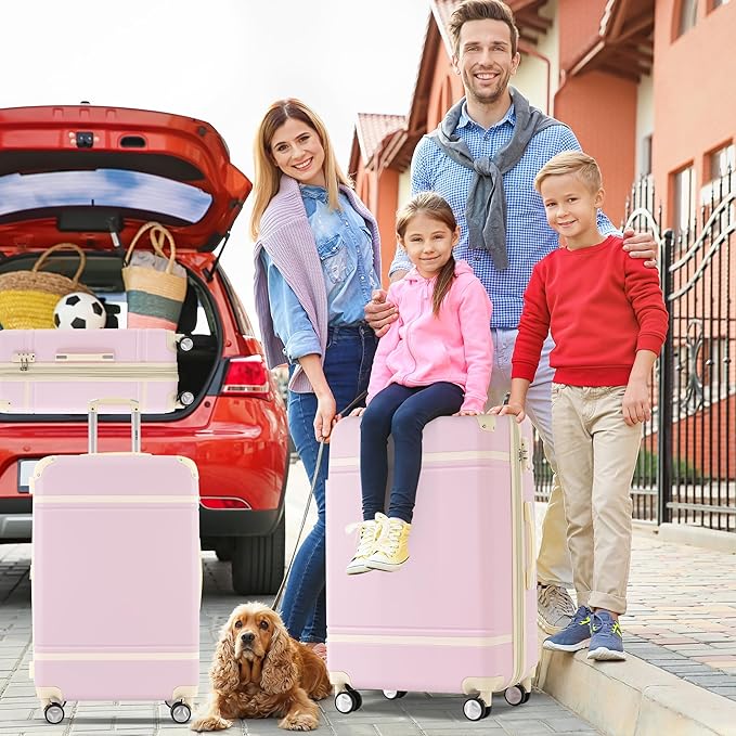 Merax Luggage Set 3 Piece Suitcase Set with Cosmetic Case Expandable Spinner Wheels Vintage Luggage Sets(Light Pink,20"+24"+28")