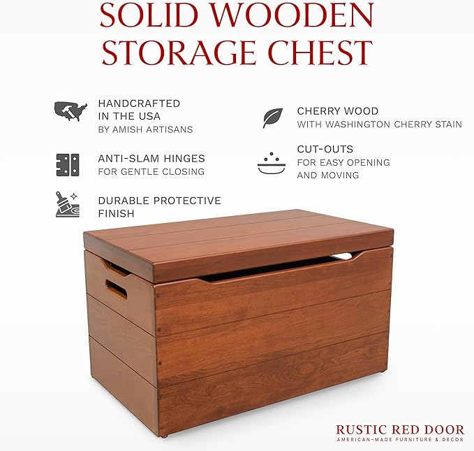 Amish Made Wooden Storage Chest Trunk Box with Lid and Handles for Bedroolanket, Clothes, Anti-Slam Hinges, Handmade, Rustic, Cherry Wood, W. Cherry Stain, 30"
