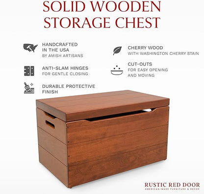 Amish Made Wooden Storage Chest Trunk Box with Lid and Handles for Bedroolanket, Clothes, Anti-Slam Hinges, Handmade, Rustic, Cherry Wood, W. Cherry Stain, 30"