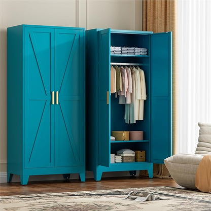 71" Tall Metal Wardrobe Closet with Adjustable Shelves and Hanging Rod, 2 Doors Free Standing Armoire Wardrobe Cabinet for Bedroom, Office, Laundry Room, Blue