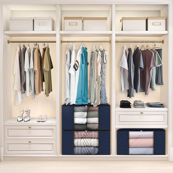 Fab totes 6 Pack Clothes Storage, Foldable Thick Fabric Blanket Storage Bags, Containers for Organizing Bedroom, Closet, Clothing, Comforter,Closet Organization with Handle,Blue