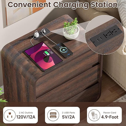 Modern Nightstand Set of 2, 23.2" Wide Wood Bedside Table with Charging Station, 3 Storage Drawers Side Table Curved Profile, Handleless, Large End Table Night Stand for Bedroom, Walnut ﻿