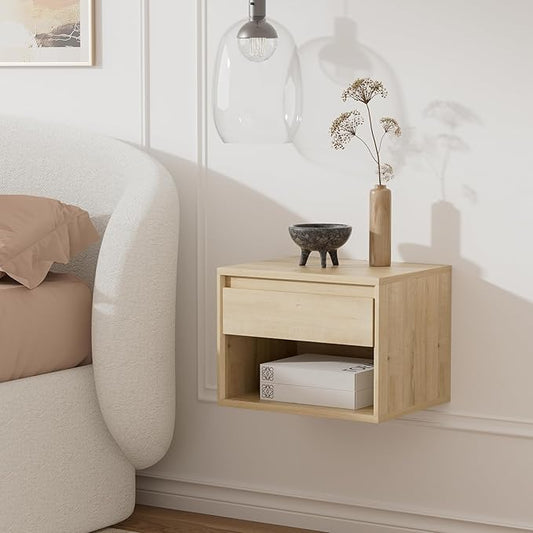 Mid Century Modern Floating Nightstand, Wall Mounted End Table with Drawer and Open Compartment Wooden Bedside Night Stand Small Storage Cabinet for Bedroom, Light Oak