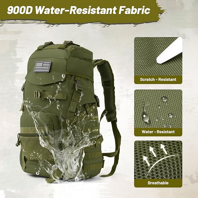 50L Tactical Backpack for Men and Women, Water-Resistant Molle Rucksack, Large Military Assault Pack for Hiking, Hunting, Camping, Gym & Outdoor Survival Green