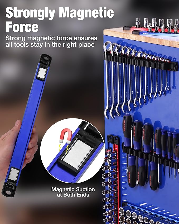 WORKPRO 8-Piece Magnetic Socket Organizer and Magnetic Screwdriver Organizer Set, 6-Piece 1/4", 3/8" & 1/2" Drive Metric & SAE Socket Rail, 2-Piece Screwdriver and Wrench Holder(Sockets not Included)