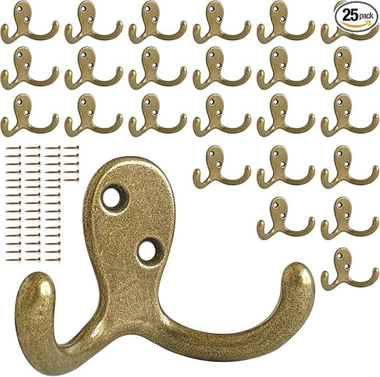 25 Pack Coat Hooks Wall Hooks for Hanging, Heavy Duty Double Prong Metal Hook Wall Mounted for Living Room, Bathroom, Kitchen, Bedroom for Coat, Bag, Scarf, Towel, Hat, Key, Cup (Bronze)