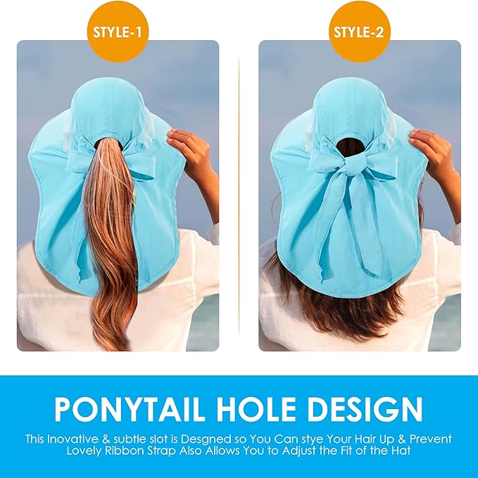 Womens Sun Hat UV Protection, Foldable Waterproof Wide Brim Bucket Hats with Neck Flap for Summer Beach Fishing Hiking