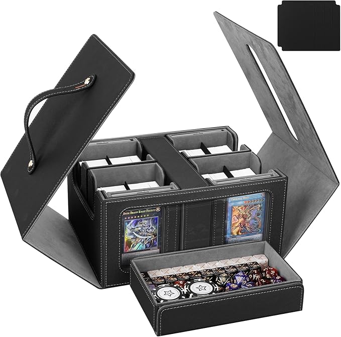 Trading Card Storage Box with Commander Display, Holds 400+ Double-Sleeved Cards, Multi-purpose Deck Box with Handle for MTG/TCG/Sports Cards, 4 Dividers, 1 Dice Tray, 4 Toploaders, Black Grey