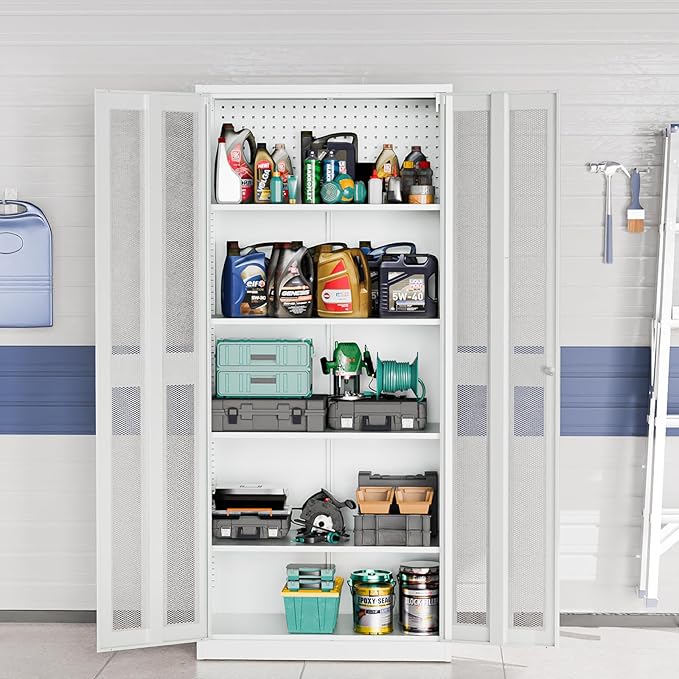 VINGLI Metal Garage Storage Cabinet with 2 Mesh Doors, Locking Steel Display Cabinet with Pegboards and 4 Adjustable Shelves, Ideal for Garage, Office, Pantry, Workshop(Gray, 32''W x 16''D x 71''H)