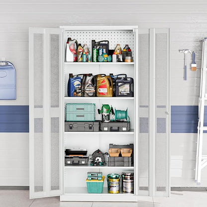VINGLI Metal Garage Storage Cabinet with 2 Mesh Doors, Locking Steel Display Cabinet with Pegboards and 4 Adjustable Shelves, Ideal for Garage, Office, Pantry, Workshop(Gray, 32''W x 16''D x 71''H)