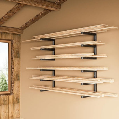 YYR Wood Organizer and Lumber Storage Rack Wall Mount, Heavy Duty Metal Shelf with 6-Level Holds Up 1200 LBS, Indoor & Outdoor Use - Black