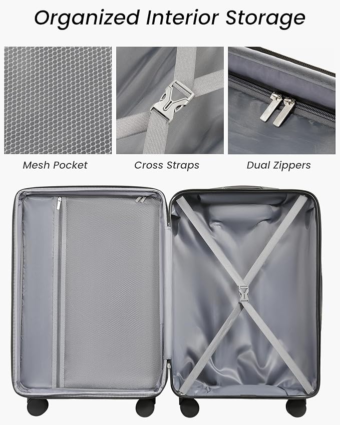 24 Inch Luggage with Spinner Wheels, Expandable Hardside Medium Checked Suitcase, Black